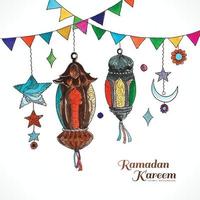 hermoso saludo decorativo islámico del festival ramadan kareem con lámpara y fondo de luna vector