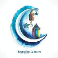 Ramadan kareem islamic moon and mosque greeting card background vector