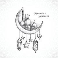 Ramadan kareem islamic moon and mosque sketch card background vector