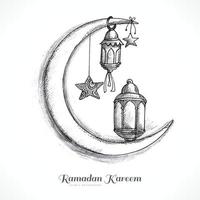 dibujar a mano ramadan kareem lámpara islámica y diseño de tarjeta de boceto de luna vector