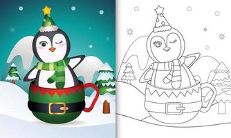 libro para colorear con un lindo pingüino personajes navideños con sombrero y bufanda en la copa de elfo