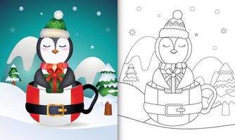 coloring book with a cute penguin christmas characters with a hat and scarf in the santa cup vector