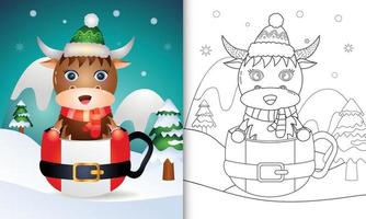 coloring book with a cute buffalo christmas characters with a hat and scarf in the santa cup vector