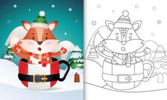 coloring book with a cute fox christmas characters with a hat and scarf in the santa cup vector