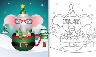 libro para colorear con un simpático elefante personajes navideños con gorro y bufanda en la copa de elfo vector