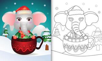 coloring book with a cute elephant christmas characters with a santa hat and scarf in the cup vector