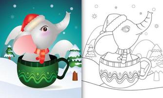 coloring book with a cute elephant christmas characters with a santa hat and scarf in the cup vector