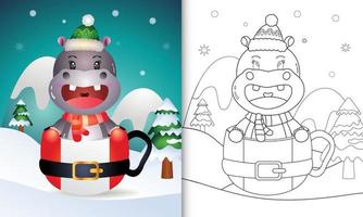 coloring book with a cute hippo christmas characters with a hat and scarf in the santa cup vector