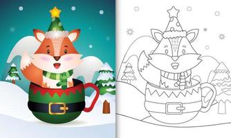 coloring book with a cute fox christmas characters with a hat and scarf in the elf cup vector