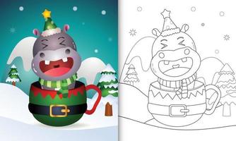 coloring book with a cute hippo christmas characters with a hat and scarf in the elf cup vector