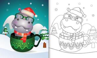 coloring book with a cute hippo christmas characters with a santa hat and scarf in the cup vector