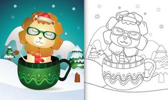 libro para colorear con un lindo león personajes navideños con un gorro de Papá Noel y bufanda en la taza