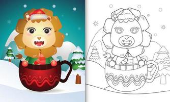 libro para colorear con un lindo león personajes navideños con un gorro de Papá Noel y bufanda en la taza