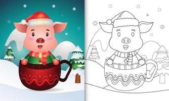 libro para colorear con un lindo cerdo personajes navideños con gorro de Papá Noel y bufanda en la taza
