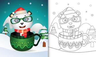 coloring book with a cute panda christmas characters with a santa hat and scarf in the cup vector