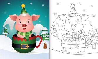 coloring book with a cute pig christmas characters with a hat and scarf in the elf cup vector