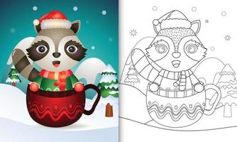 coloring book with a cute raccoon christmas characters with a santa hat and scarf in the cup vector