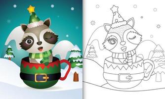 coloring book with a cute raccoon christmas characters with a hat and scarf in the elf cup vector