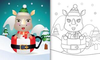 coloring book with a cute rhino christmas characters with a hat and scarf in the santa cup vector