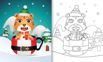coloring book with a cute tiger christmas characters with a hat and scarf in the santa cup vector