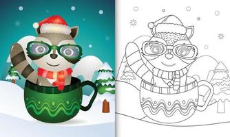libro para colorear con un simpático mapache personajes navideños con gorro de Papá Noel y bufanda en la copa vector