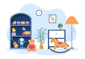 Cute Kids Toy Box Full at Kindergarten in Flat Cartoon Style Illustration. Interior of Playroom for fun and gaming vector