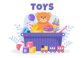 Cute Kids Toy Box Full at Kindergarten in Flat Cartoon Style Illustration. Interior of Playroom for fun and gaming vector