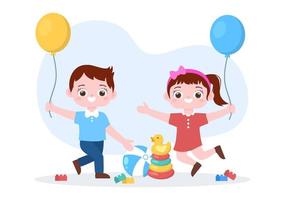 Cute Children Playing with Various Toy at Kindergarten in Flat Cartoon Style Illustration. Interior of Playroom for fun and Gaming vector