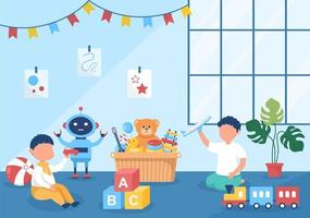 Cute Children Playing with Various Toy at Kindergarten in Flat Cartoon Style Illustration. Interior of Playroom for fun and Gaming vector