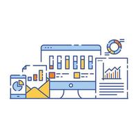 Charts with magnifier denoting flat illustration design of content analysis vector