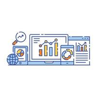 Charts with magnifier denoting flat illustration design of content analysis vector