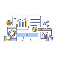 Charts with magnifier denoting flat illustration design of content analysis vector