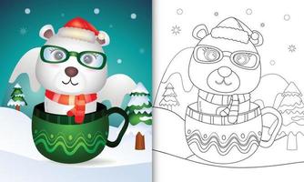 coloring book with a cute polar bear christmas characters with a santa hat and scarf in the cup vector