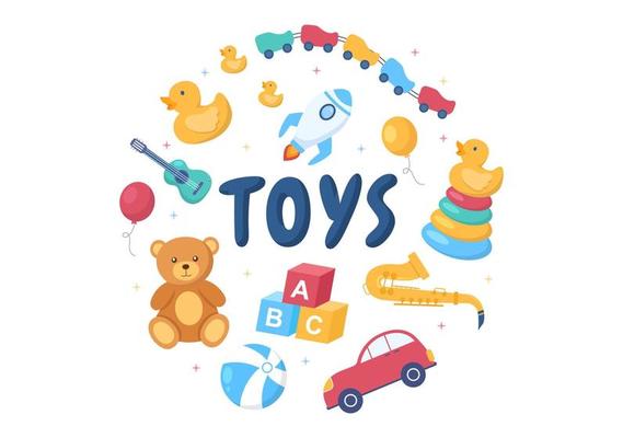 Cute Kids Toy Box Full at Kindergarten in Flat Cartoon Style Illustration. Interior of Playroom for fun and gaming