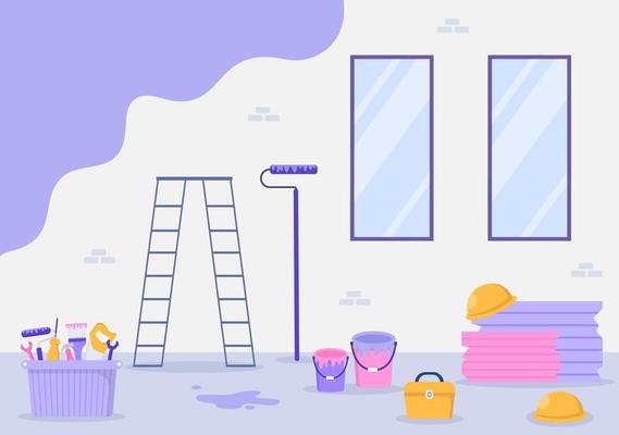 Home Renovation or Repair with Construction Tools, Laying Floor Tiles and Painting Wall to Good Decoration Condition in Flat Background Illustration