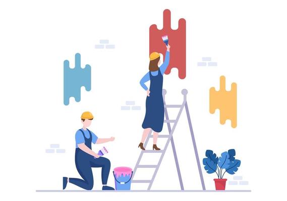 Home Renovation or Repair with Construction Tools, Laying Floor Tiles and Painting Wall to Good Decoration Condition in Flat Background Illustration