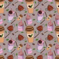 Seamless background for a coffee shop with a cup of tea, coffee beans and a milkshake vector