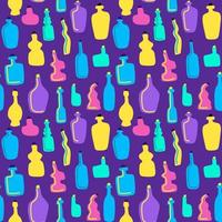 Seamless pattern with colorful bottles and vases of different shapes. Mosaic background vector