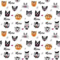 Background with cute cats and cats in the style of a children's drawing. The inscription meow and the heads of different breeds of cats