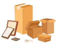 Boxes set. Cardboard boxes with various things. Moving and relocation concept. Hand-drawn color vector isolated illustrations. Cartoon style, fashionable design