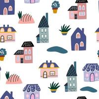 Cute cartoon houses seamless pattern. Various little tiny houses. Small townhouses, minimalism of urban buildings. Perfect for printing, textiles, wrapping paper.  Vector illustrations