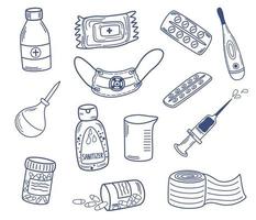 Medicine outline art. Vitamins, dietary supplements, masks, sanitizer, syringes and enema, Pills. Perfect for printing, textiles, wrapping paper.  Hand drawn vector illustration