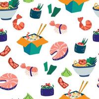 Asian food seamless pattern. Japanese fast food, noodles, rice, ramen, shrimp, fish and sushi. Delicious background. Perfect for printing, textiles, wrapping paper. Hand drawn vector illustration