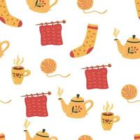 Autumn seamless pattern. Ball of thread, knitting, sock and tea. Cozy warm background. Perfect for printing, textiles, wrapping paper.  Vector illustrations