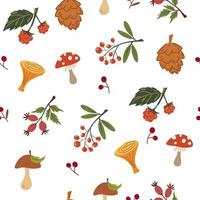 Autumn seamless pattern. Berries and mushrooms. Cozy warm background. Perfect for printing, textiles, wrapping paper.  Vector illustrations