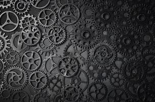 engranajes, fondo abstracto en blanco y negro, muchos engranajes pequeños, steampunk.