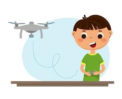 The boy controls the copter from the remote control. Children robotics programming. Vector illustration isolated on a white background