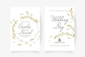 plantilla de invitación de boda con hermosas hojas doradas y flores vectoriales vector