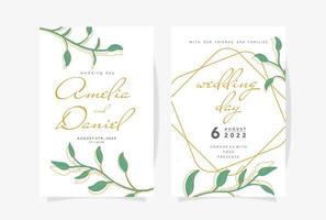 Wedding invitation template with beautiful green leaves and golden contours Vector illustration