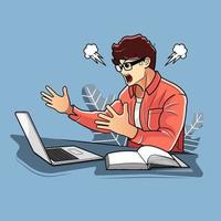 Young boy looking angry while using a laptop vector illustration free download